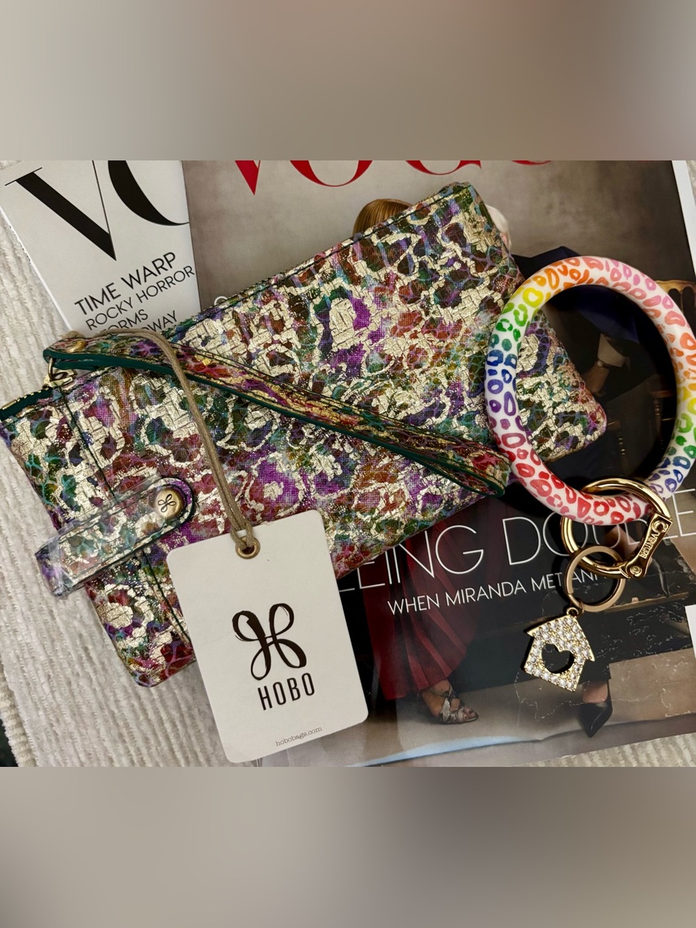 HOBO Metallic Rainbow Cheetah Leather Wristlet + Oventure Leopard Key Ring set